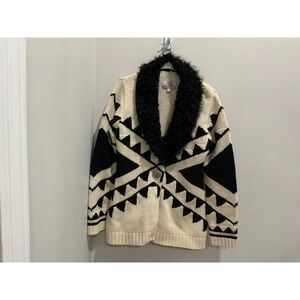 Roja‎ Southwestern Cardigan Sweater Black Cream Lambswool Concho Button M